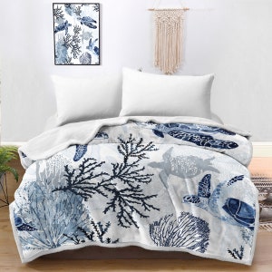 Blue Sea Turtles Bedcover, Ocean Blanket, Beach Theme Coverlet, Oversize - Twin - Full - Queen - King Size Spread, Coastal Sherpa Bedspread