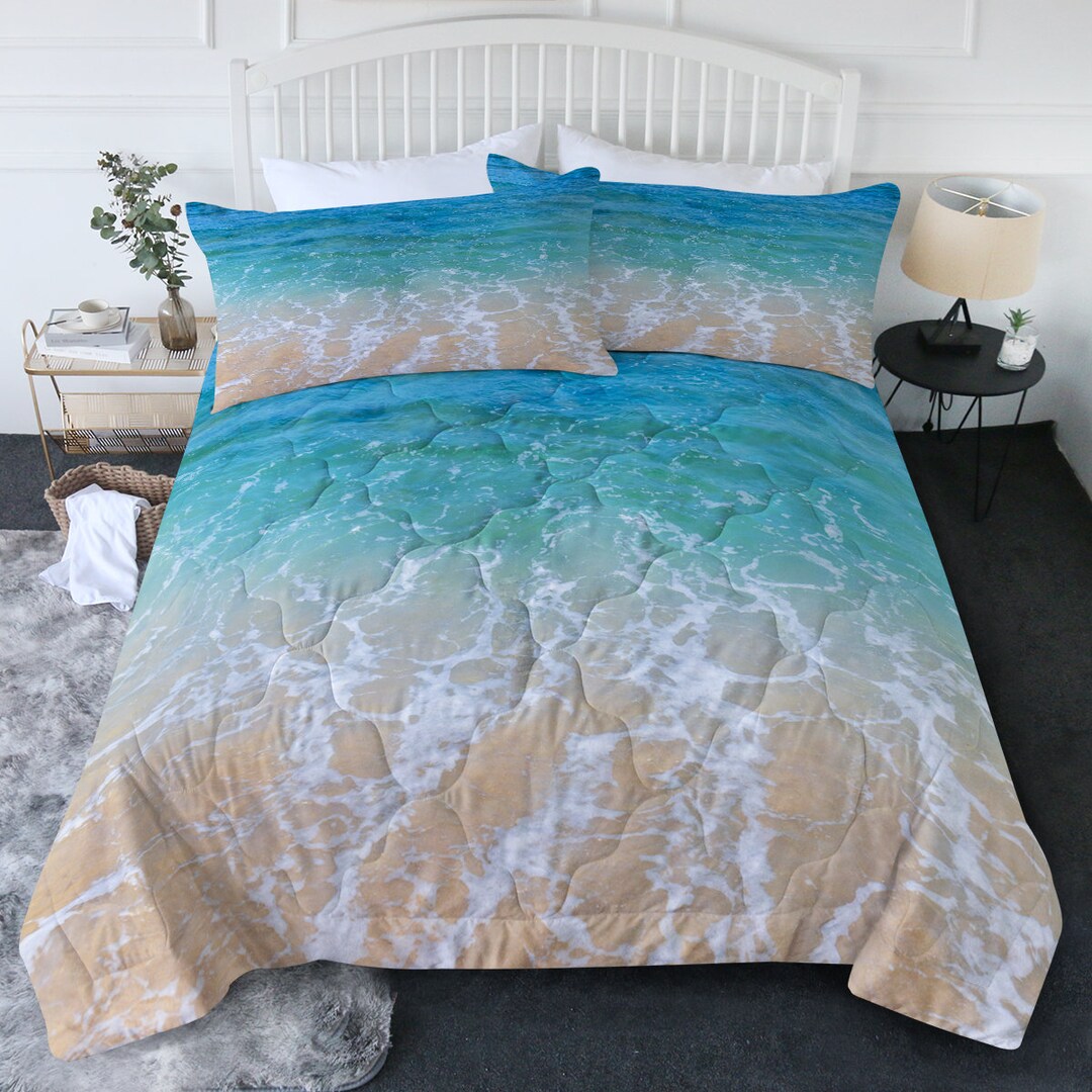 Beach Comforter Set, Coastal Bedding, Ocean Quilt, Nautical Surf Style, King Queen Twin Size Etsy