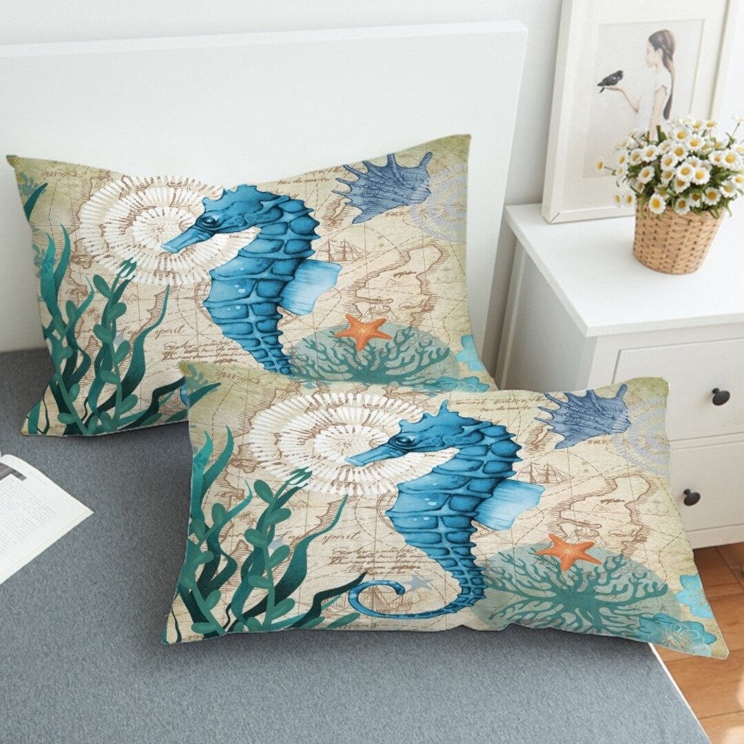 Seahorse Pillow Shams Beach Theme Ocean Pillowcases Marine Etsy