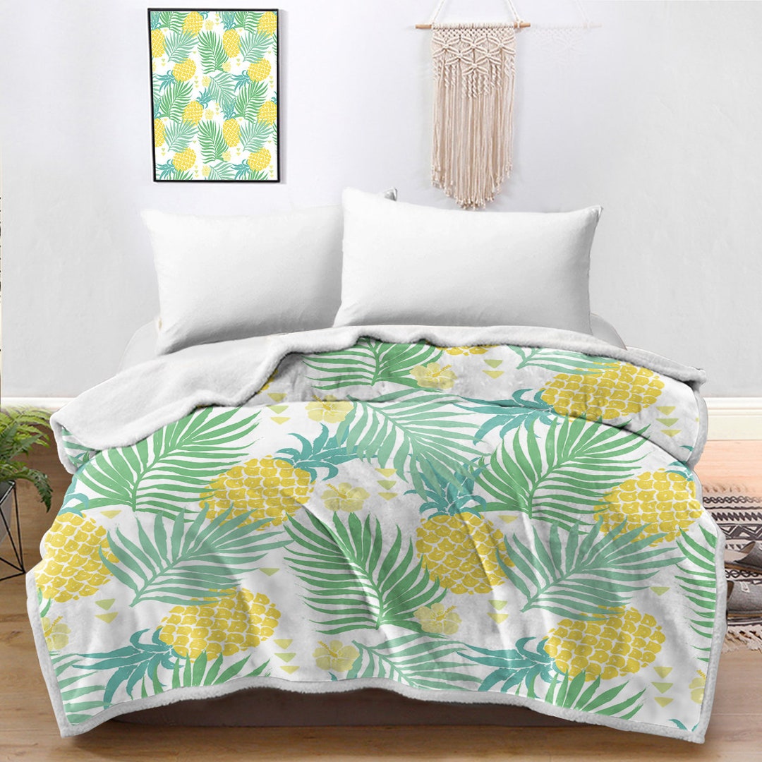 Tropical Bed Cover Pineapple Blanket Palm Leaves Coverlet Oversize Twin Full Queen King Size