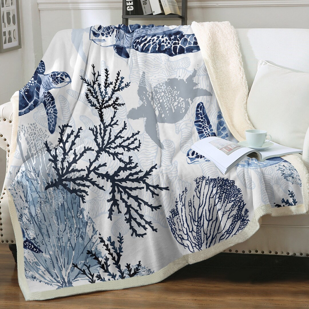 Blue Sea Turtle Blanket, Marine Life Throw, Beach Theme Spread, Ocean