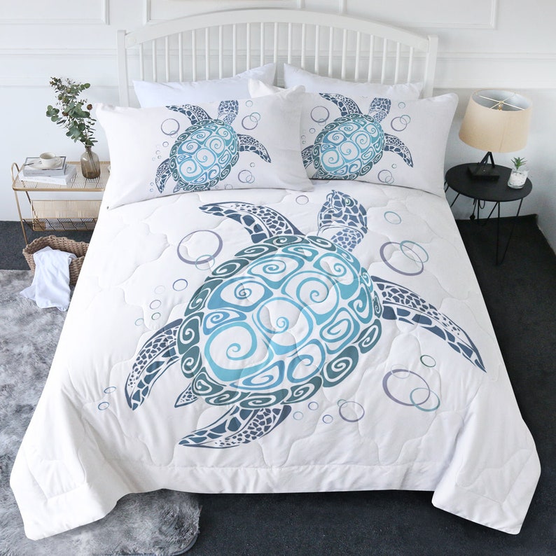 Aqua Sea Turtle Comforter Set, Beach Sea Life Bedding, Ocean Theme