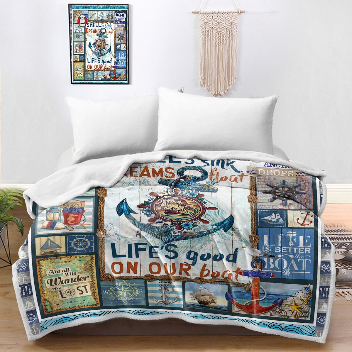 Nautical Blanket Bedspread Ocean Anchor Themed Coverlet Oversize