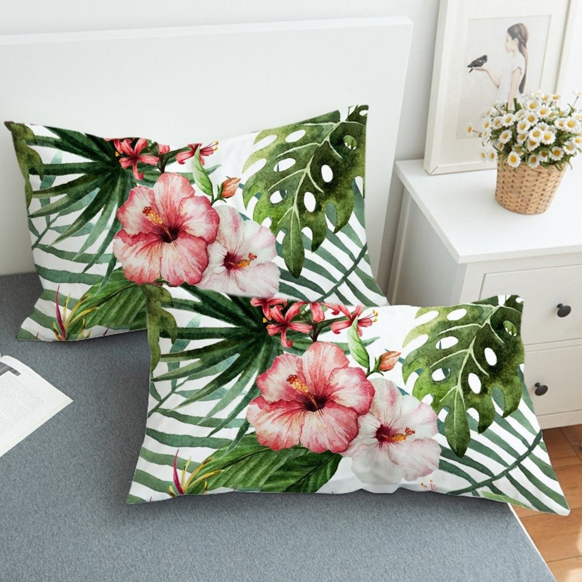 Tropical Hibiscus Comforter Set Hawaiian Flowers Palm Tree Leaves