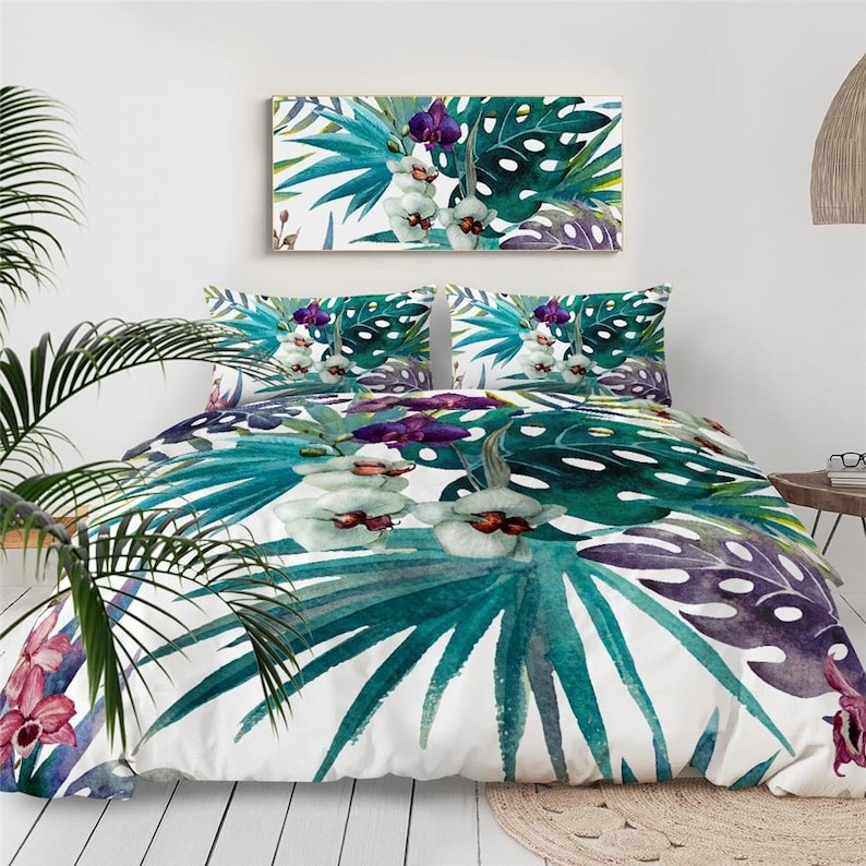 Tropical Duvet Cover, Floral Quilt Cover, Orchids Bedding Set, Hawaiian