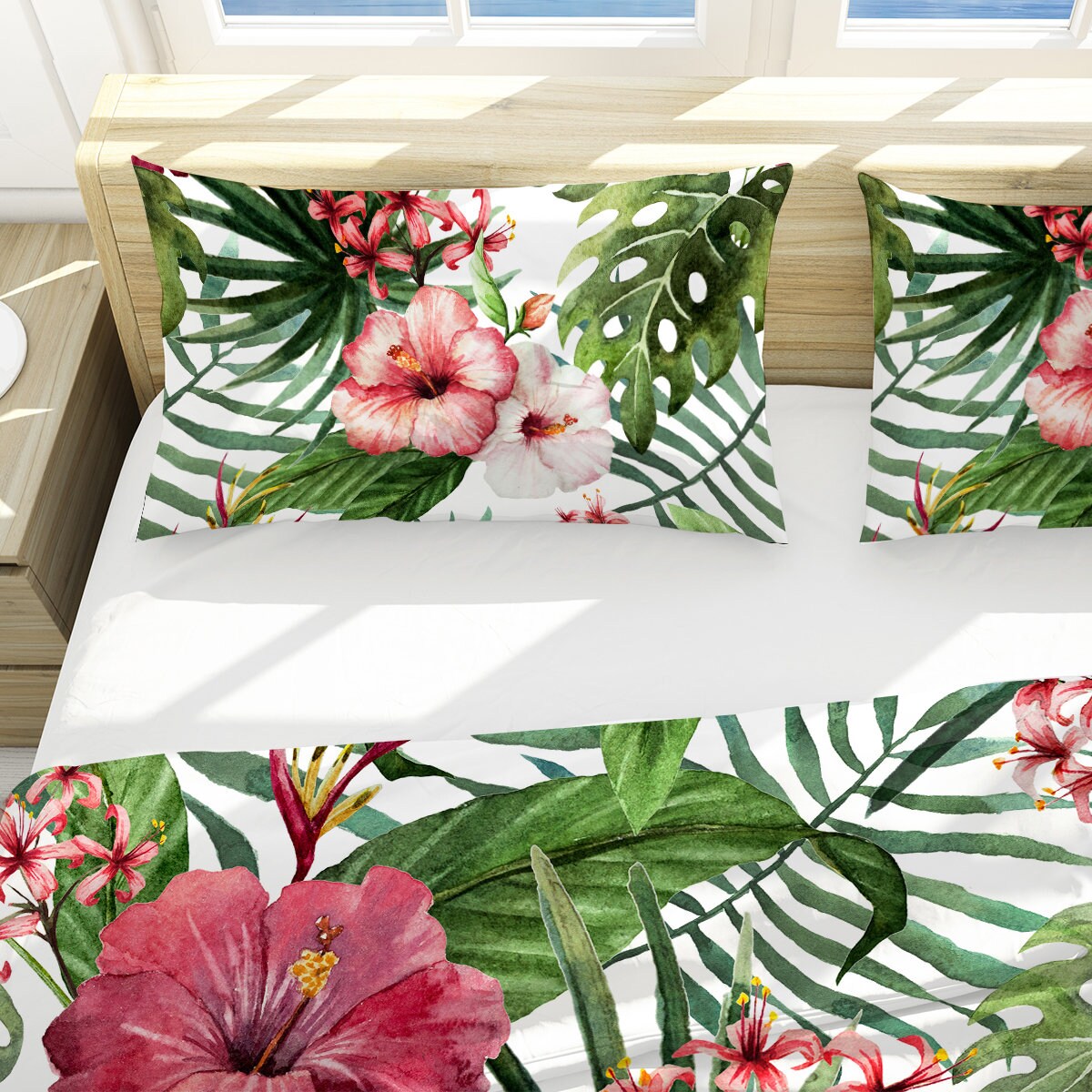 Tropical Comforter Set Hibiscus Flowers Palm Tree Leaves Quilt Etsy