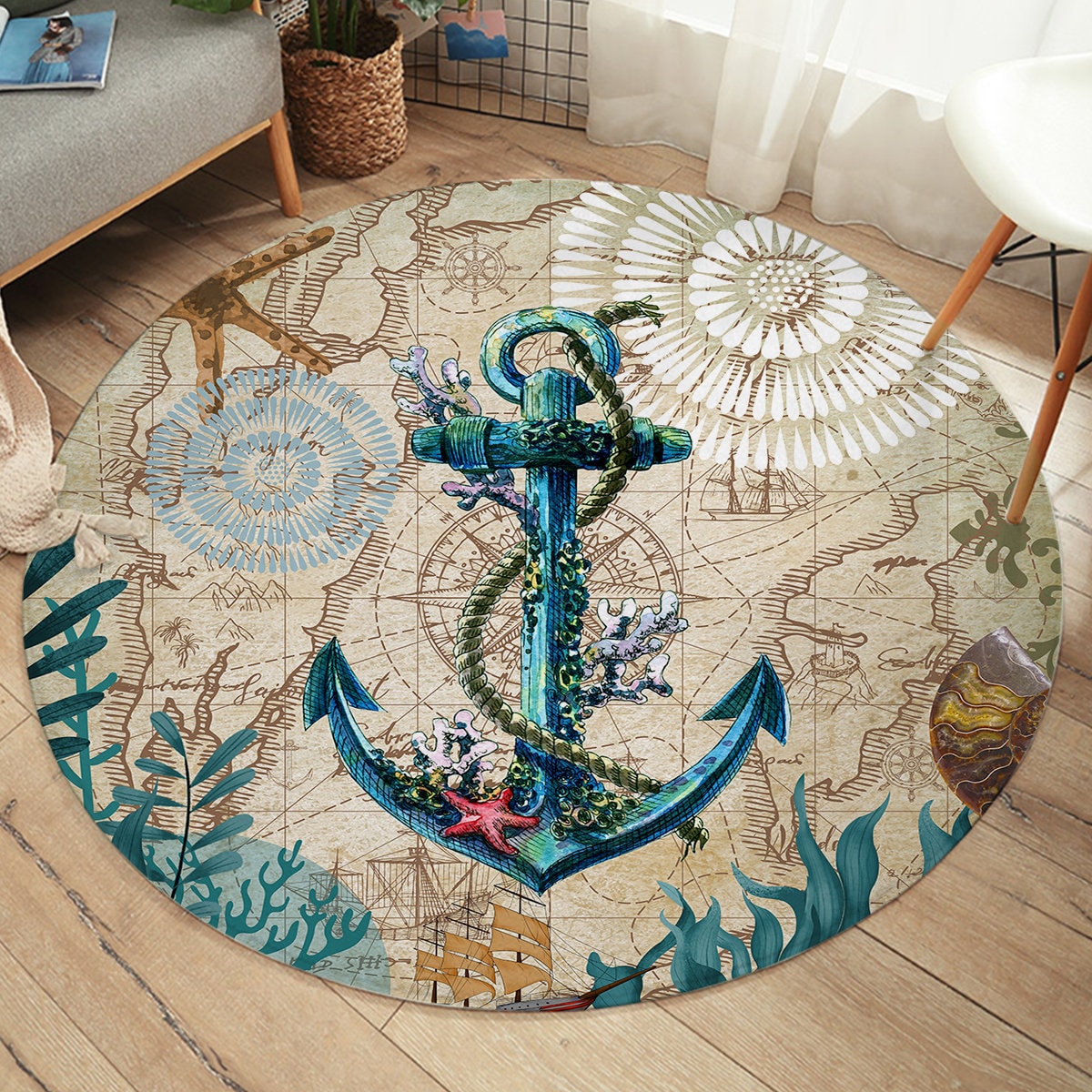 Nautical Round Area Rug Anchor Floor