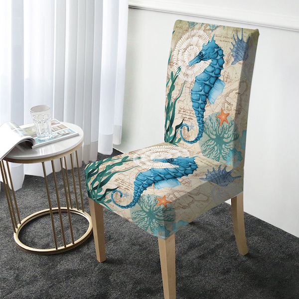 Seahorse Chair Slipover, Ocean Sealife Dining Chair Cover, Coastal Furniture Protector, Nautical Beach Kitchen Decor