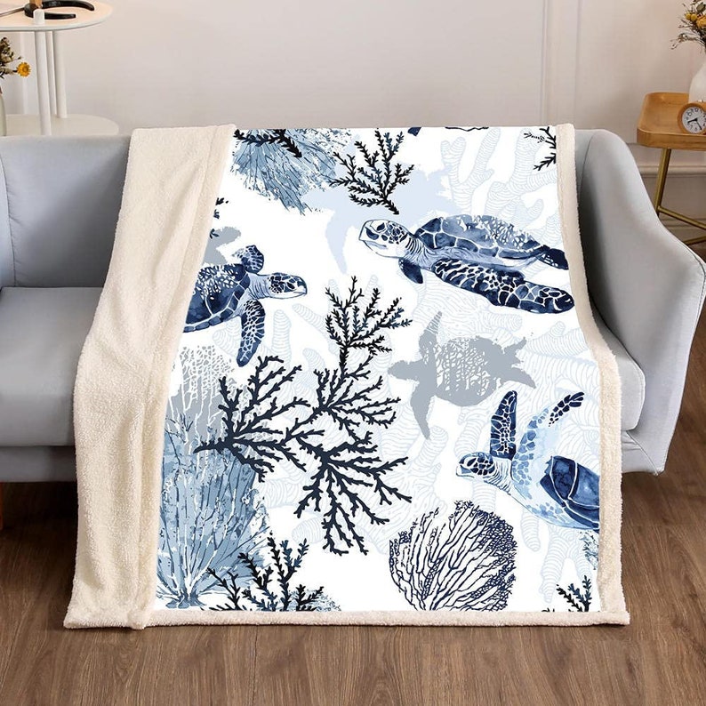 Blue Sea Turtle Blanket, Marine Life Throw, Beach Theme Spread, Ocean