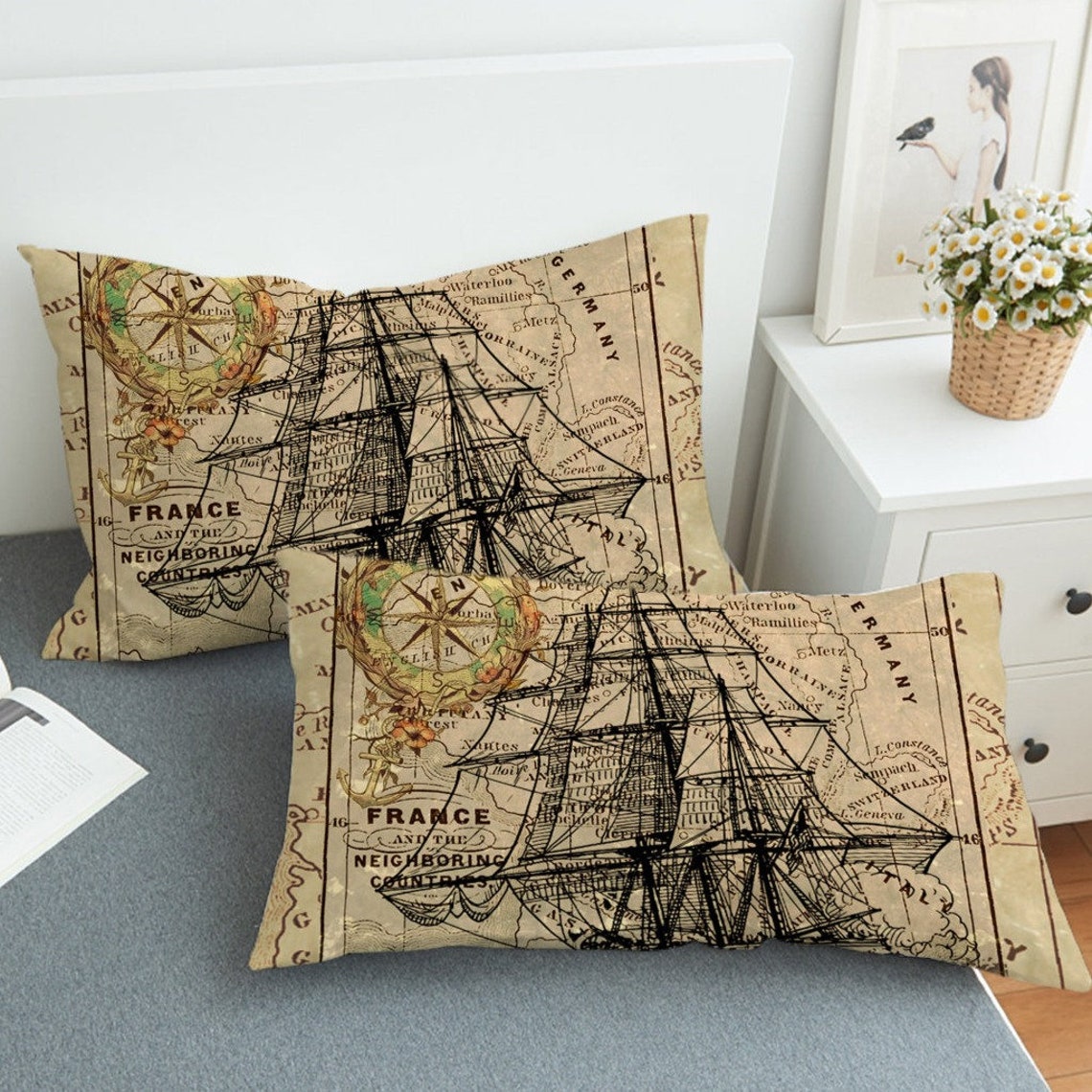 Nautical Comforter Vintage Chart Reversible Quilt Vessel Ship Bedding