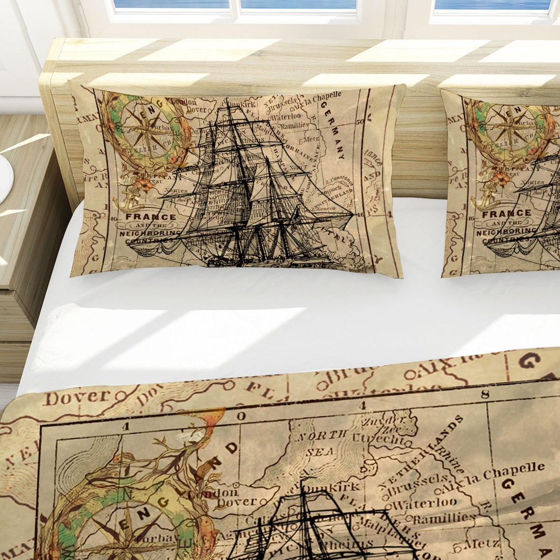 Nautical Comforter Vintage Chart Reversible Quilt Vessel Ship Bedding