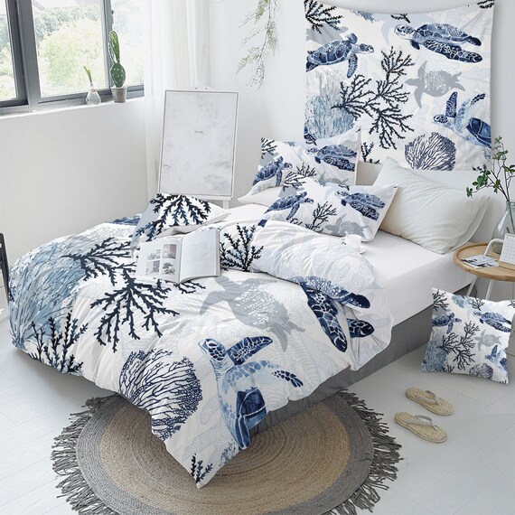 Blue Coastal Duvet Cover Sea Turtles Comforter Cover Hawaiian Honu