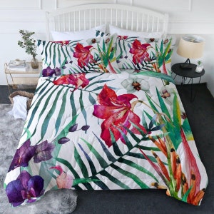 Tropical Floral Comforter Set Palm Tree Foliage Hawaiian Flowers Quilt King Queen Twin Size Counterpane