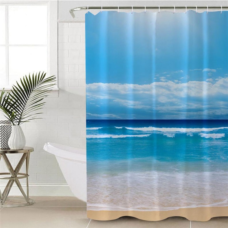 Beach Scene Shower Curtain Ocean Theme Decor Coral Marine Sealife