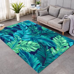 Tropical Area Rug, Foliage Floor Mat, Green Leaves Carpet, Jungle Style Decor - Indoor - Soft Poolside Rug - Quick Dry, Absorbant, Washable