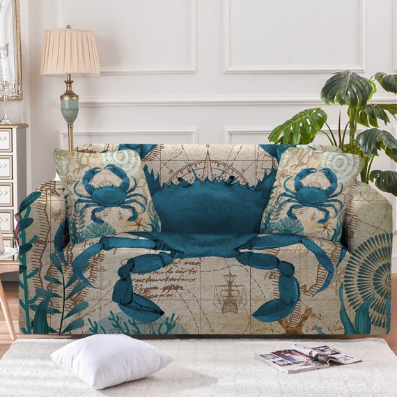 Sea Crab Couch Cover, Nautical Sealife Sofa Slipcover, Beach Ocean Theme  Armchair, Loveseat, Oversize Sofa Furniture Protector 