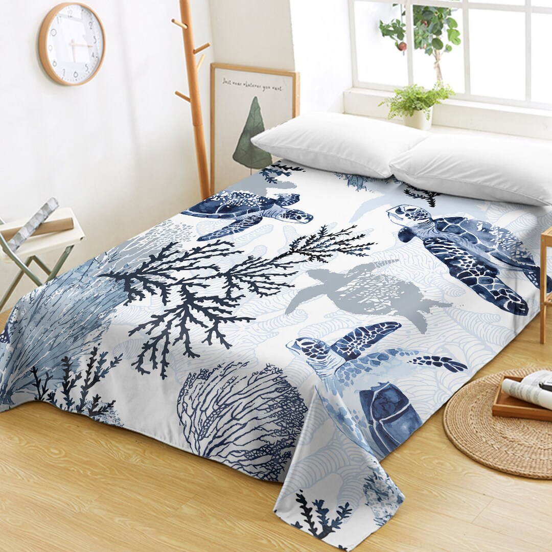 Blue Sea Turtle Sheets, Coastal Bedding Set, Nautical Linens, Beach