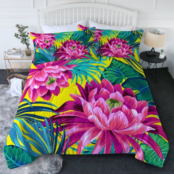 Tropical Delight Comforter Set Foliage Flowers Pattern Quilt King