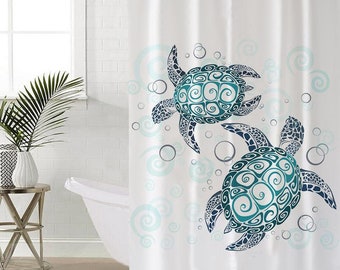 Sea Turtles Teal Shower Curtain Beach Theme Ocean Decor Coral