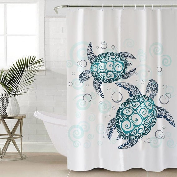 Sea Turtles Teal Shower Curtain Beach Theme Ocean Decor Coral