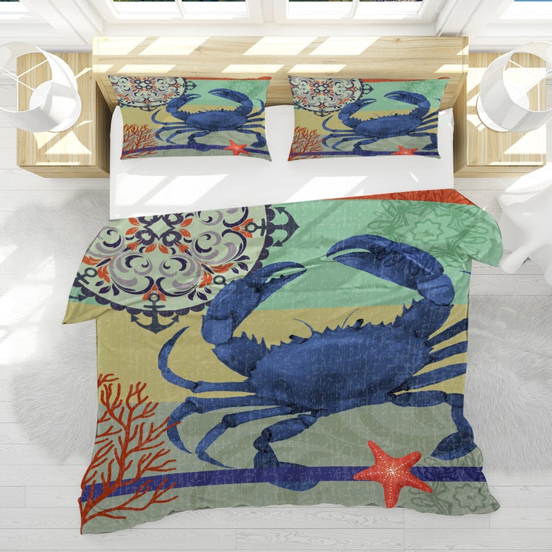 Sea Crab Comforter Cover With Pillowcases, Beach Duvet Cover, Ocean