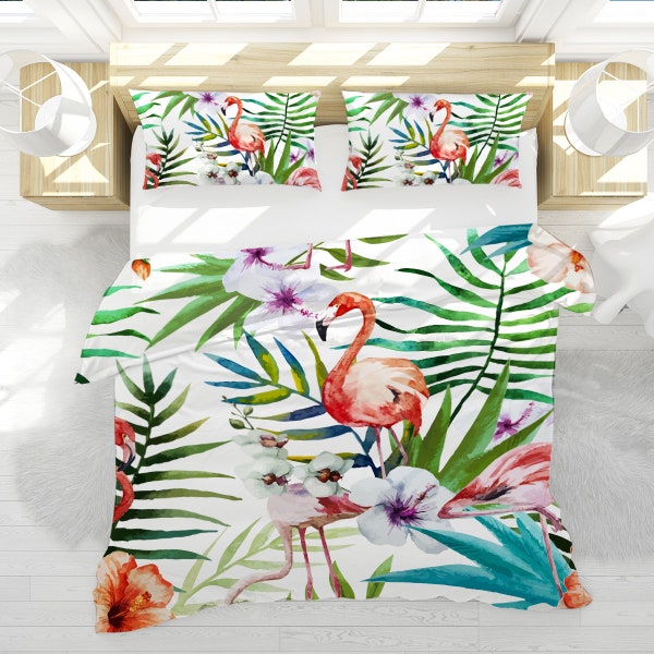 Housse de couette à fleurs tropicales, housse de couette réversible, parure de lit flamant rose, housse de couette orchidées - très grand lit, grand lit double, housse de couette simple