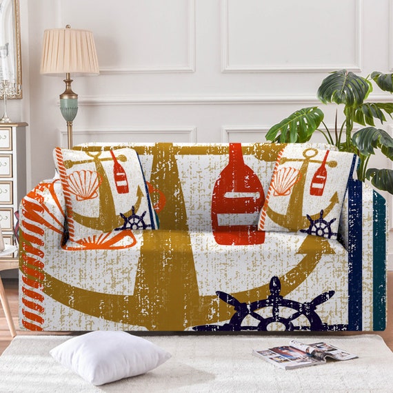 Beachy Anchor Couch Cover, Nautical Sofa Slipcover, Ocean Theme