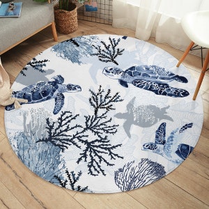 Blue Turtle Round Area Rug, Coastal Floor Mat, Ocean Beach Theme Carpet, Nautical Sea Life Decor - Indoor or Poolside Rug