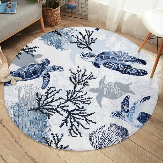 Blue Turtle Round Area Rug, Coastal Floor Mat, Ocean Beach Theme Carpet,  Nautical Sea Life Decor Indoor or Poolside Rug -  Denmark