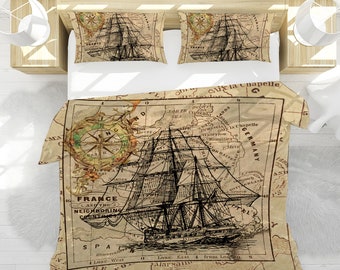 Housse de couette nautique Housse de couette réversible vintage Chart Literie Set avec Shams Housse de couette Couvre-lit - King, Queen, Full, Twin Size