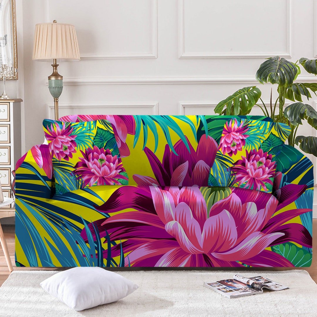 Tropical Couch Cover, Floral Sofa Slipcover, Pink Flowers Green Leaves