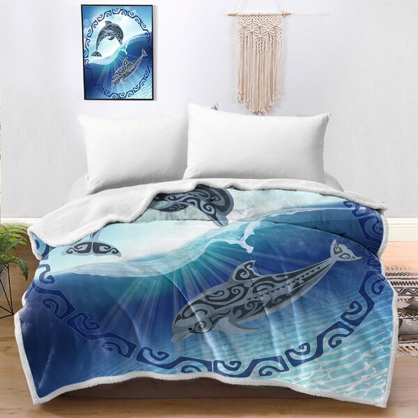 Sea Dolphins Coverlet Ocean Blanket Couverture de lit polynésienne Oversize Twin Full Queen King Size Bedpread Coastal Counterpane Sherpa Spread