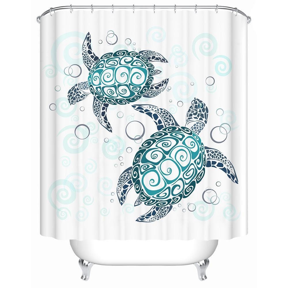 Sea Turtles Teal Shower Curtain Beach Theme Ocean Decor Coral Marine  Sealife Nautical Bathroom 
