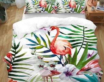 Parure de lit tropicale, housse de couette flamant rose, housse de couette fleurs d'orchidées, housse de couette hawaïenne, couvre-lit feuilles de palmier, très grand lit double