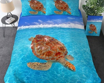 Housse de couette pour tortue de mer, Ensemble de literie de couette d’hippocampe côtier, Housse de couette océanique, Couvre-lit nautique - King, Queen, Full, Twin Size