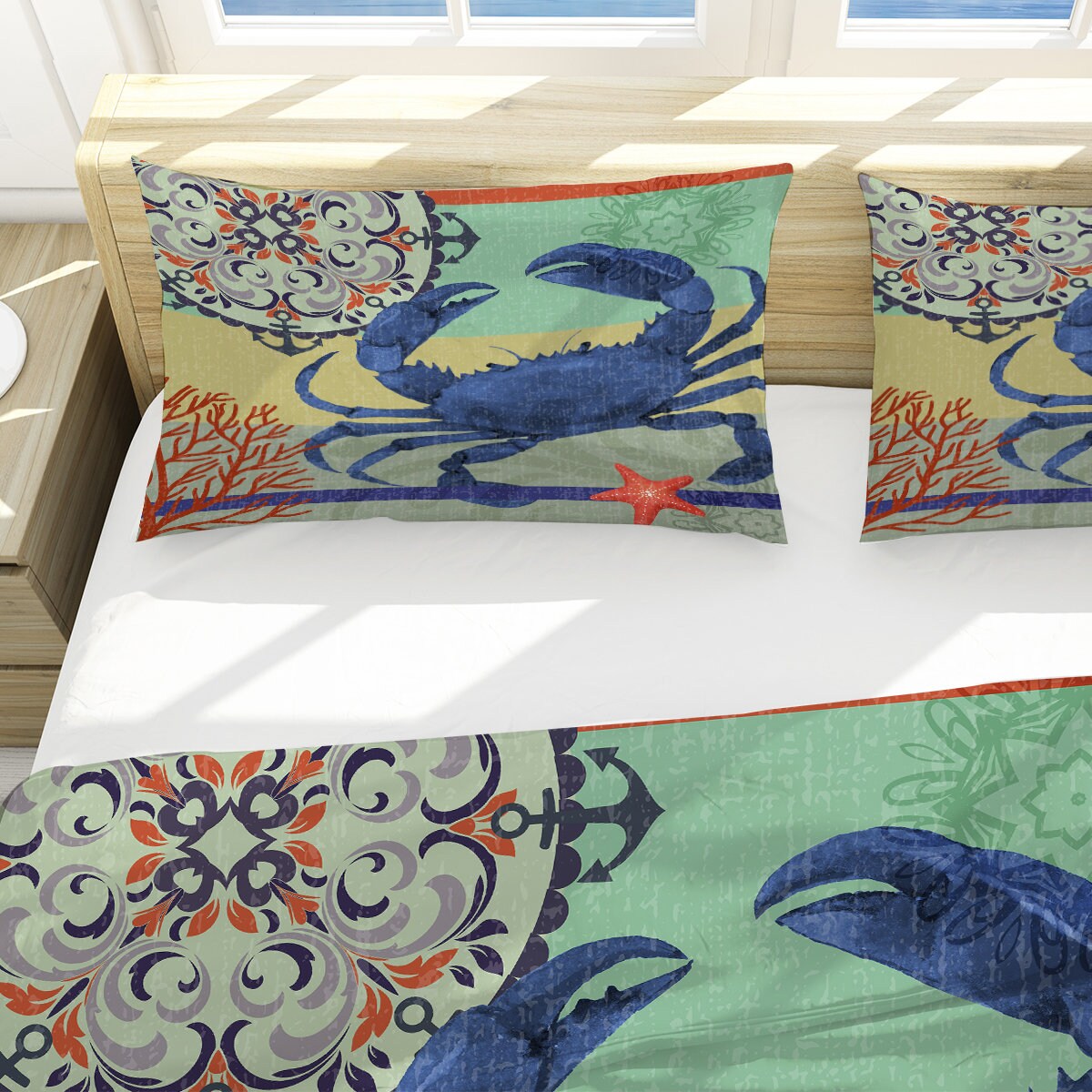 Sea Crab Comforter, Marine Life Quilt, Beach Ocean Sealife Bedding