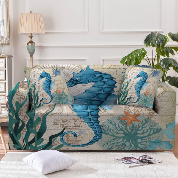 Seahorse Couch Cover, Nautical Sealife Sofa Slipcover, Beach Ocean Theme Armchair, Loveseat, Oversize Sofa Furniture Protector