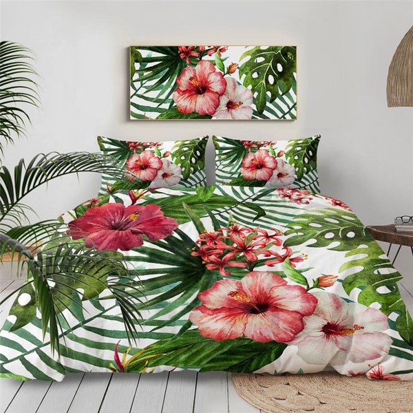 Housse de couette tropicale, housse de couette florale, ensemble de literie en hibiscus, housse de couette hawaïenne, couvre-lit en feuilles de palmier - King - Queen - Full - Twin