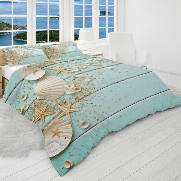 Coastal Reversible Comforter, Beach Bedding Set, Ocean Themed Quilt,  Seashells Bedspread - King, Queen, Full, Twin Size Bedcover