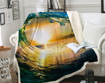 Ocean Wave Blanket Beach Theme Throw Surfing Bedspread Oversize Queen Size Sherpa Fleece Break Point Bed Cover