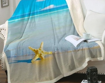 Coastal Blanket Ocean Themed Throw Beach Scene  Sealife Bedspread Oversize Queen Size Sherpa Fleece Starfish Bed Cover
