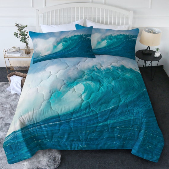 Ocean Wave Comforter Set Beach Bedding Coastal Quilt Nautical Surf