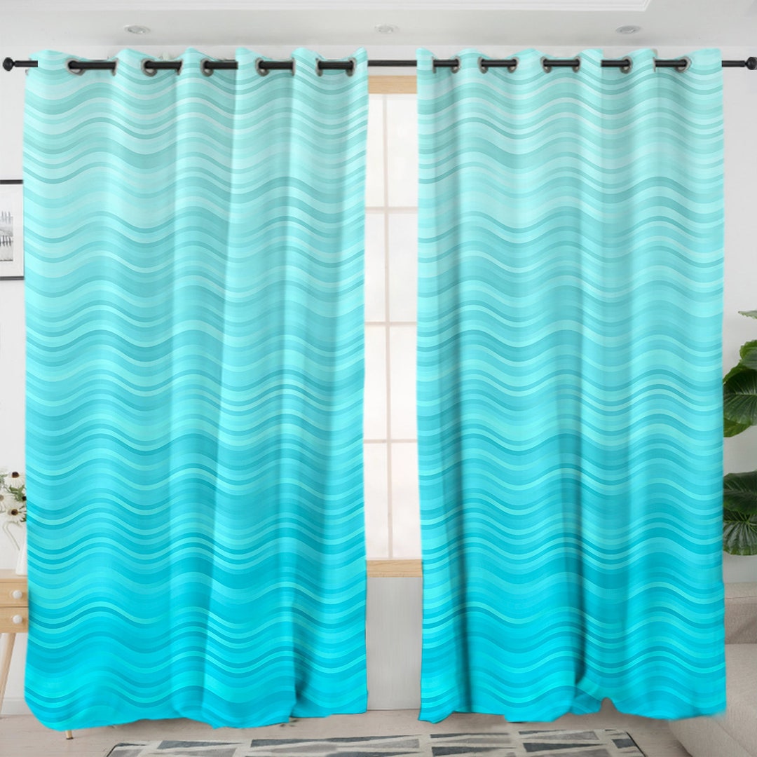 Coastal Blue Curtains With Abstract Waves Design, Ocean Beach Window