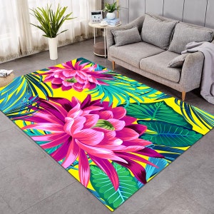 Tropical Flowers Area Rug, Pink Floral Floor Mat, Green Leaves Carpet, Jungle Style Decor - Indoor or Poolside Rug