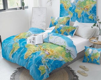 World Map Duvet Cover Comforter Cover Quilt Cover Nautical Ocean Bedding Coastal King Queen Full Twin Size The Seven Seas