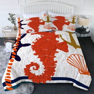 Beachy Seahorse Comforter Set Sealife Bedding Ocean Themed Quilt King Queen Twin Size