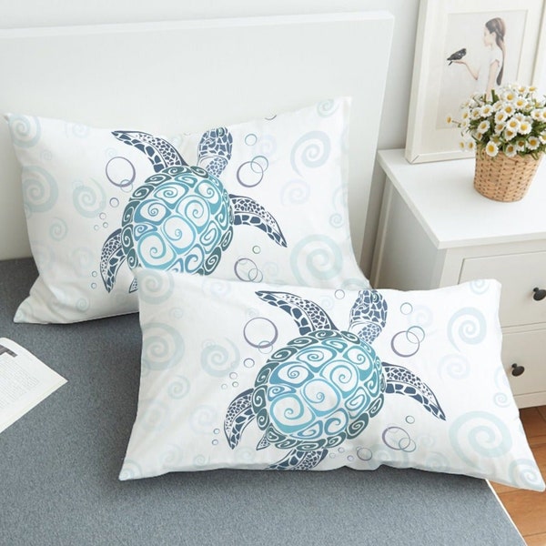 Sea Turtle Twist Pillow Shams Beach Thème Ocean Taies d’oreiller Teal Sealife King Queen Size Taies d’oreiller