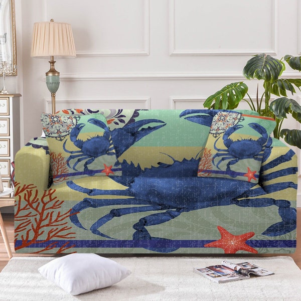 Crab Couch Cover Sofa Slipcover Beach Ocean Theme Armchair Loveseat Oversize Sofa Furniture Protector