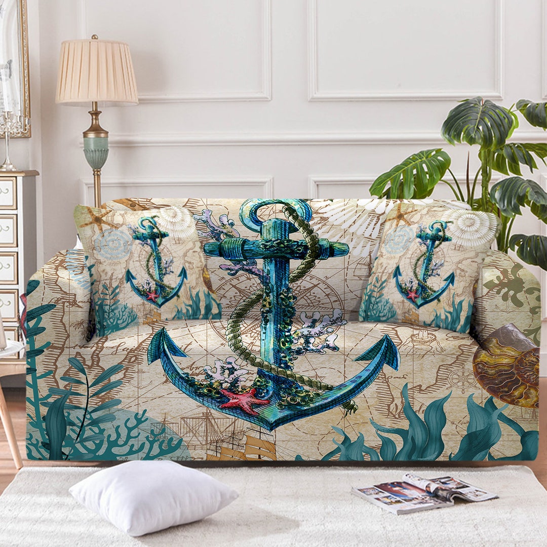 Nautical Couch Cover, Ocean Anchor Sofa Slipcover, Beach Sealife Theme