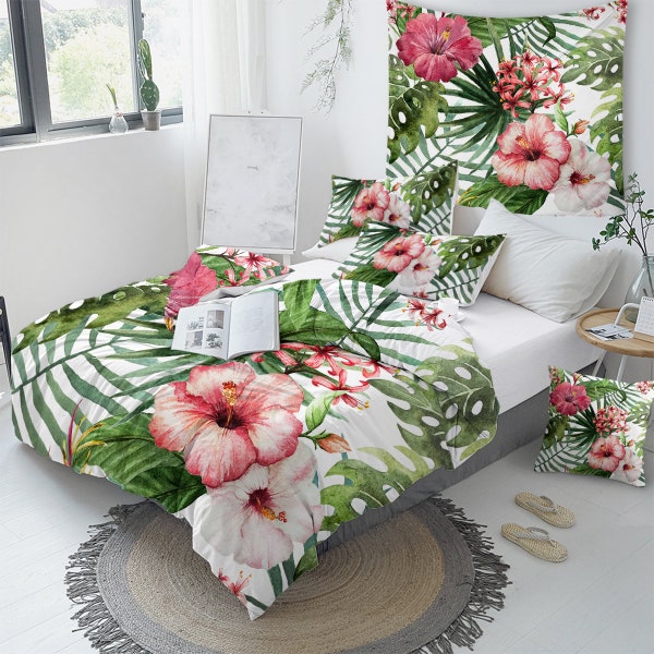 Housse de couette tropicale, housse de couette hawaïenne, fleurs d’hibiscus feuilles de palmier Housse de couette, King - Queen - Full - Twin Size Bedding Set